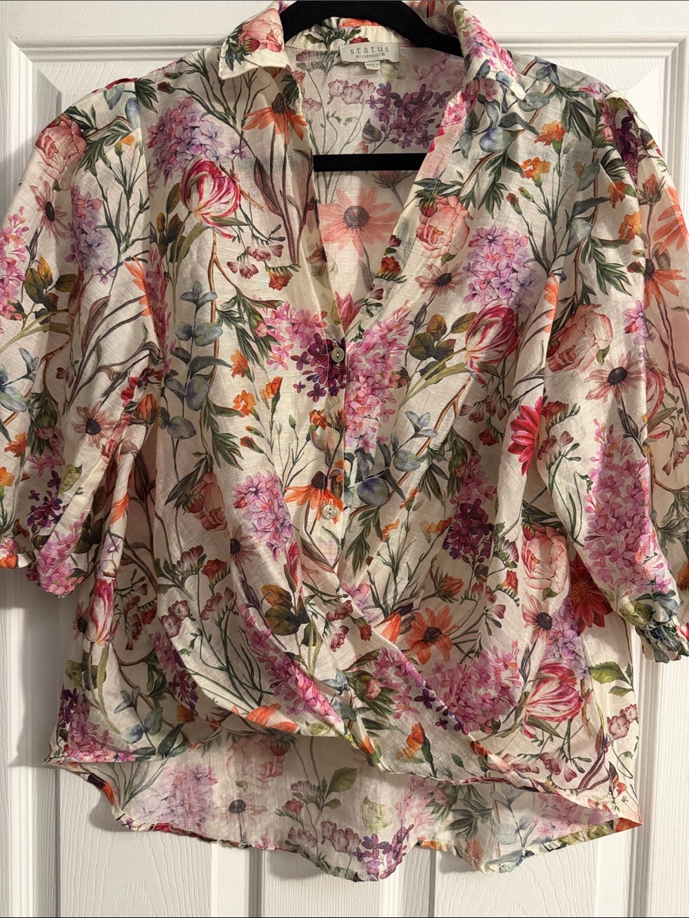 Sezane Cream Floral Wrap Top with Pink & Orange Blooms